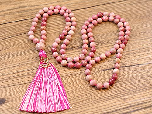 COAI OM Charm Hand Knotted Tassel 108 Mala Beads Necklace - color: Rhodonite, size: 8mm