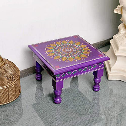 Hand Painted Indian Chowki Altar Meditation Stool Low High Stool Wooden Chowki for Living Room Purple (9 x 9 x 6 Inch)