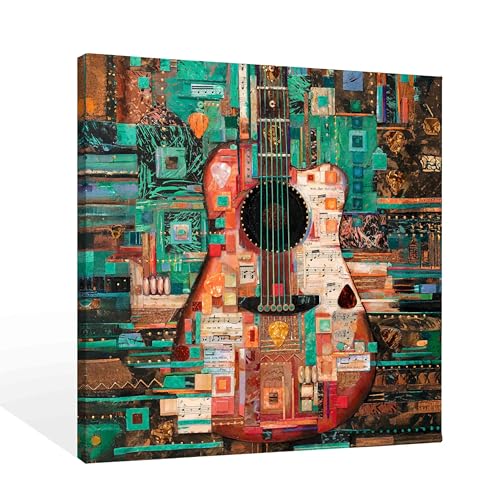 SiuSue Green Abstract Guitar Music Musical Instrument Canvas Wall Art Poster Prints Artwork Pictures Framed for Music Studio Home Bedroom Living Room, 12x12 Inch - color: Guitar-3