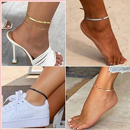 FindChic Elegant Herringbone Snake Chain Anklets/Bracelets 3MM/5MM Width Stainless Steel/18K Gold/Rose Gold Plated/Black 4 Color Options, 8.3'' 8.5'' 10.5'' Length, with Gift Box - color: A: 3mm 8.5'' anklet (Stainless Steel)