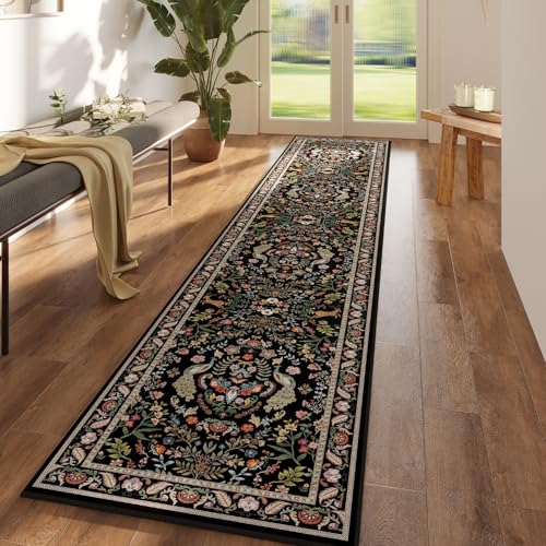 Runner Rug Washable Kitchen Runner 2'x10' Rug Floral Non-Slip for Entryway Indoor Soft Carpet for Hallways, Kitchen, Laundry, Bedroom, Bathroom (Vibrant Black) - color: Vibrant Black, size: 2' x 10' (Rectangular)