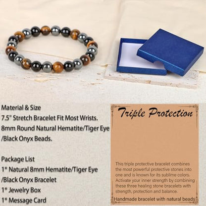 LPBeads Handmade Natural Gemstone Stretch Elastic Bracelet Healing Crystal Round Stone Beads Jewelry Gifts for Women Men - color: Onyx Tiger Hematite Mixed, size: 8mm