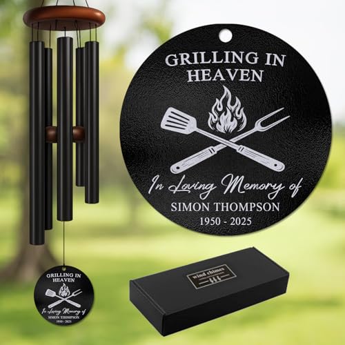 Personalized BBQ Memorial Wind Chime – “Grilling in Heaven” Custom Name & Years – Silver Engraved Grill Master Tribute – Outdoor Sympathy Gift – Memorial Wind Chimes for Loss of Loved One - size: GrillingWC 1