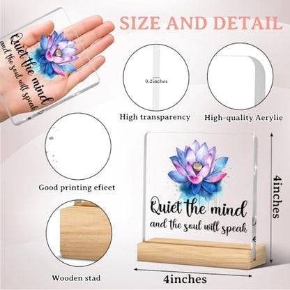 Meditation Quotes Decoration, Yoga Pilates Sayings, Lotus Flower Decor, Zen Decoration, Gifts for Inspirational Women, Acrylic Sign With Wooden Stand for Home Farmhouse Office 4 x 4 Inches