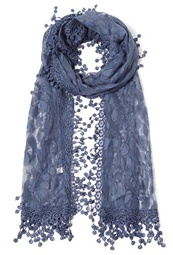 Cindy and Wendy Lightweight Soft Leaf Lace Fringes Scarf Bridal Veils shawl for Women - color: Navy