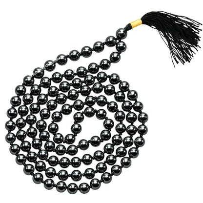 Amazing Gemstone Japa Mala 108 Prayer Beads Necklace and Wrist Mala Bracelet for Meditation - color: Hematite, size: Hand Knotted