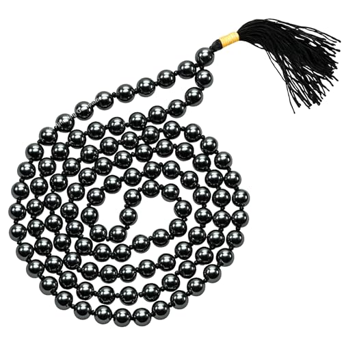Amazing Gemstone Japa Mala 108 Prayer Beads Necklace and Wrist Mala Bracelet for Meditation - color: Hematite, size: Hand Knotted