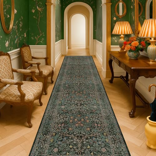 Dark Green Washable 3x16 Extra Long Runner Rug for Hallway Non Slip, Large Kitchen Indoor Floor Rugs for Entryway Hall Way, Soft Stain Resistant Low Pile Vintage Floral Carpet - color: Dark Green / Black, size: 3' x 16' (Runner)