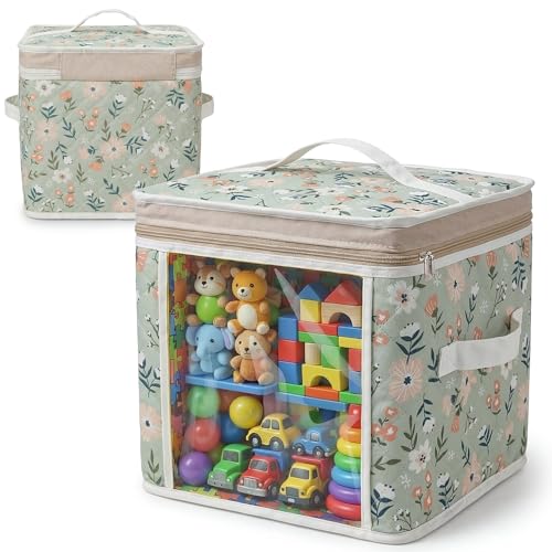12" Soft Side Zipper Toy Storage Bag, Quilt Pattern Cloth Cube, Reusable, Clear Bag, Playroom, Bedroom & Puzzles Board Game Organizers And Storage Bin, Flowers Design - color: Flowers