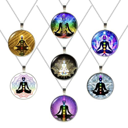 7pcs Yoga Necklace Set, Meditation Motif Necklace, Alloy Meditation Pendant, Seven Chakra Pendant