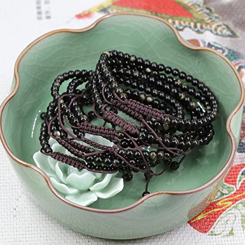 Keleny Natural Gemtones 4mm Round Beads Crystal Adjustable Braided Macrame Tassels Bracelets Unisex - color: Golden Obsidian