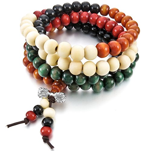 Women,Men's 8mm Wood Bracelet Necklace Tibetan Multicolor Sandalwood Prayer Buddha Mala Elastic
