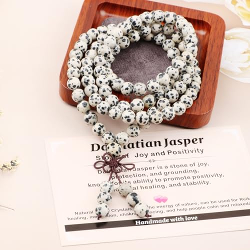 AD Beads 6mm 8mm 108 Prayer Mala Jasper Elastic Bracelet - Handmade Yoga Meditation Healing Power Energy Gifts for Unisex Adult. - color: Dalmatian Jasper (Positivity)