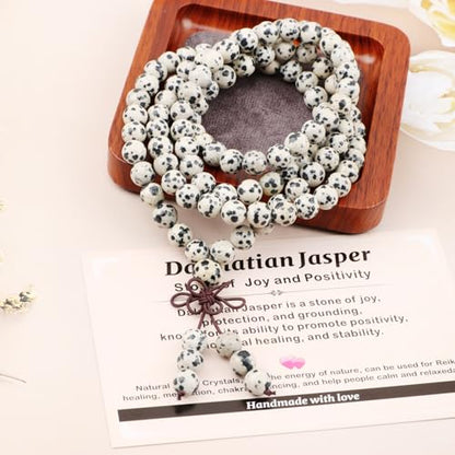 AD Beads 6mm 8mm 108 Prayer Mala Jasper Elastic Bracelet - Handmade Yoga Meditation Healing Power Energy Gifts for Unisex Adult. - color: Dalmatian Jasper (Positivity)