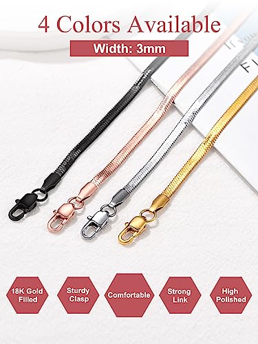 FOCALOOK 14K Gold Plated Necklaces for Women, Fashion Herringbone Choker Necklace Stainless Steel Flat Snake Chain 3/5MM(W) 12.5"/15"/18"+3.5"(L) - color: 3MM-Rose Gold-18"