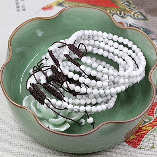Keleny Natural Gemtones 4mm Round Beads Crystal Adjustable Braided Macrame Tassels Bracelets Unisex - color: White Howlite