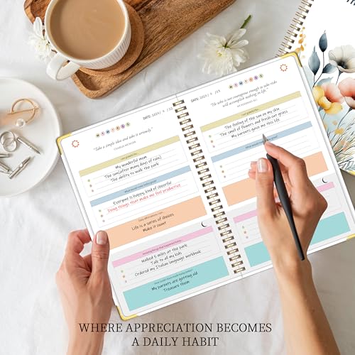 The Gratitude Journal for Women & Men, Hardcover Spiral 5 Minute Daily Gratitude Journal for More Happiness, Optimism, Affirmation & Reflection with Prompts & Quotes, Undated Daily Journals(93 pages / 3 months supply) Gifts - color: White-Flower