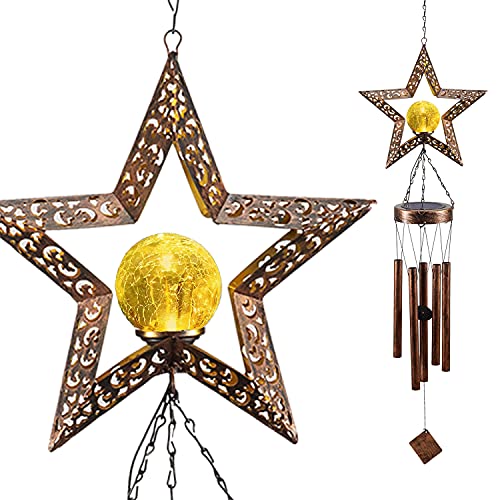 Solar Wind Chimes, Star Wind Chime Crackle Glass Ball Warm LED Light, Outside Hanging Outdoor Decor with Metal Tubes Unique Memorial Sympathy Gift for Wife Mom Grandma