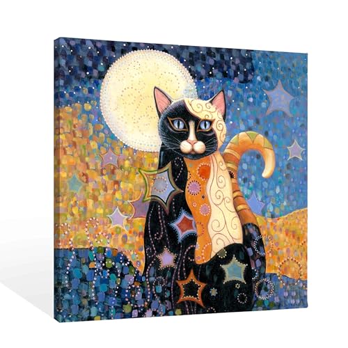 SiuSue Mystical Boho Cat Witchy Moon Star Canvas Wall Art Poster Prints Artwork Pictures Framed for Home Kids Room Bedroom Living Room Meditation Room, 12x12 Inch - color: Cat-2