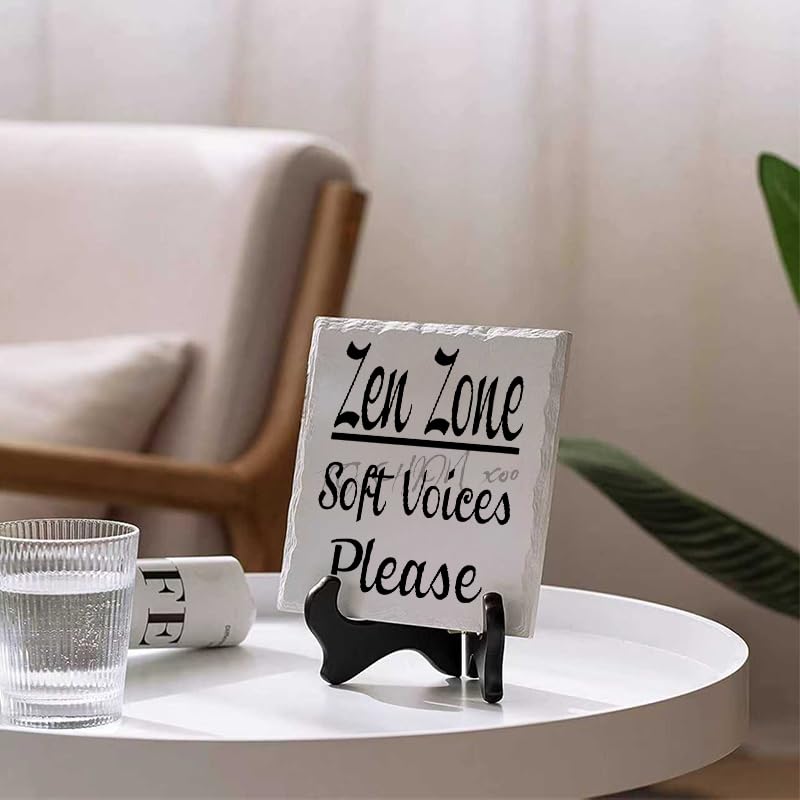 Ceramic decorative Zen Zone soft voices please ceramic desktop ornament with wooden stand. Suitable for office desks, tables, and bookshelves 5.9x5.9inch