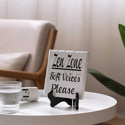 Ceramic decorative Zen Zone soft voices please ceramic desktop ornament with wooden stand. Suitable for office desks, tables, and bookshelves 5.9x5.9inch