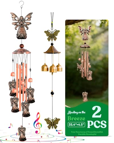 Memorial Butterfly Wind Chimes for Outside Set, Aluminum Tube Wind Chime - 6 Harmonic Bells for Soothing Tones, Durable Outdoor Windchime for Patio, Garden, Gift for Women (Angels, Butterflies) - color: Angels, Butterflies