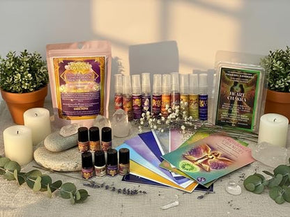 Chakra Reiki Meditation Ritual Gift Set – Handmade Archangel & Twin Flame Collection with Bath Salts, Room Sprays, Roll-On Oils, Wax Melt & Reiki Chakra Cards (53-Piece Set)