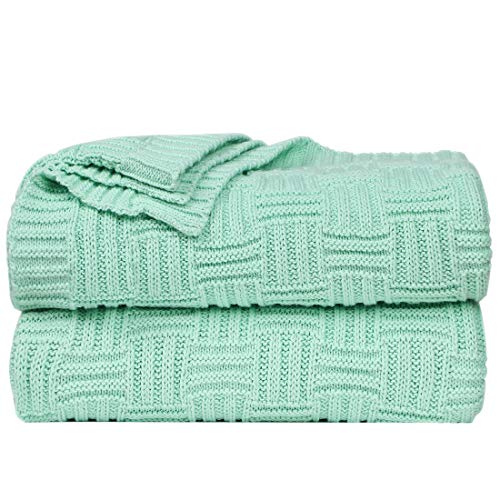 uxcell 100% Cotton Cable Knit Throw Blanket,Soft Lightweight Lap Blanket,Textured Solid Sofa Throw Couch Cover Decors Knitted Blankets, Light Green 50"x 60" - color: Light Green