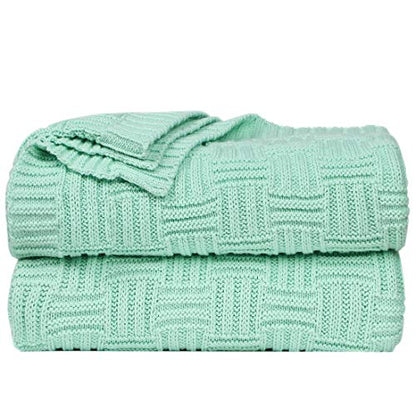 uxcell 100% Cotton Cable Knit Throw Blanket,Soft Lightweight Lap Blanket,Textured Solid Sofa Throw Couch Cover Decors Knitted Blankets, Light Green 50"x 60" - color: Light Green