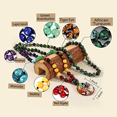 Bivei 108 Mala Beads Necklace Life Tree 7 Chakra Wrap Bracelet Real Healing Gemstone Yoga Meditation Hand Knotted Mala Prayer Bead Necklace - color: African Turquoise, size: 8mm