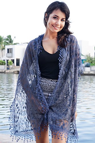 Cindy and Wendy Lightweight Soft Leaf Lace Fringes Scarf Bridal Veils shawl for Women - color: Navy