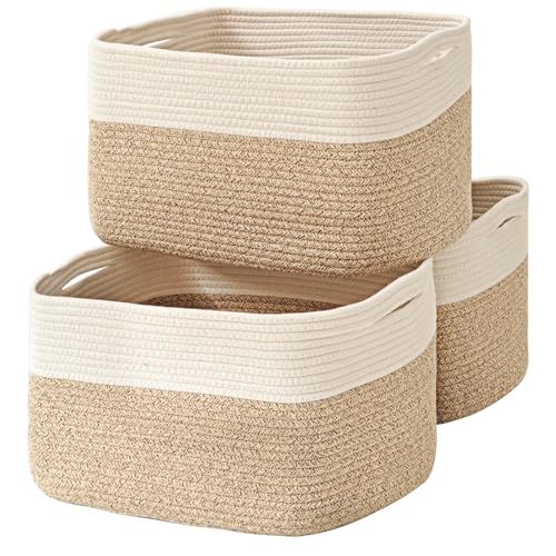 ICERZCZ Large Storage Baskets for Organizing Shelves, Woven Cotton Rope Bins for Baby Nursery Organization, Book Toy Towel Organizer, 17"x13"x9.5", 3 Packs, Off White & Brown - color: Off White & Brown, size: 17"(L)x13"(W)x9.5"(H)