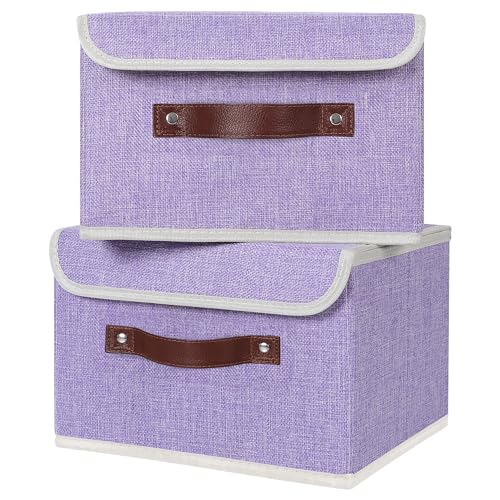 ANMINY 2PCS Storage Bins with Lid PU Leather Handles Storage Boxes PP Plastic Board Decorative Foldable Lidded Cotton Linen Fabric Home Cubes Baskets Closet Organizer Containers - Purple, Small Size - color: Purple, size: Small (Pack of 2)