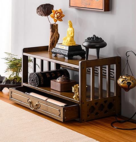 Altar Table with Drawer,Puja Table for Home,Perfect Used for Meditation, Prayers, Bamboo Furniture for Displaying Jars, Plants and Books (Walnut Color, 20.4x9.8x11 in, with Incense Burner 5Pcs Set)