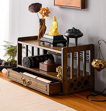Altar Table with Drawer,Puja Table for Home,Perfect Used for Meditation, Prayers, Bamboo Furniture for Displaying Jars, Plants and Books (Walnut Color, 20.4x9.8x11 in, with Incense Burner 5Pcs Set)