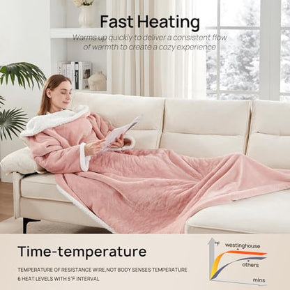 Westinghouse Electric Snuggle Throw Blankets with Foot Pocket, Wearable Heated Blanket with Sleeves, 6 Heating Levels & 2 to 10 Hours Heating Time Settings, 50 * 70"+18", Pink - color: Pink&ivory, size: 70*50" Heated Snuggle Blanket