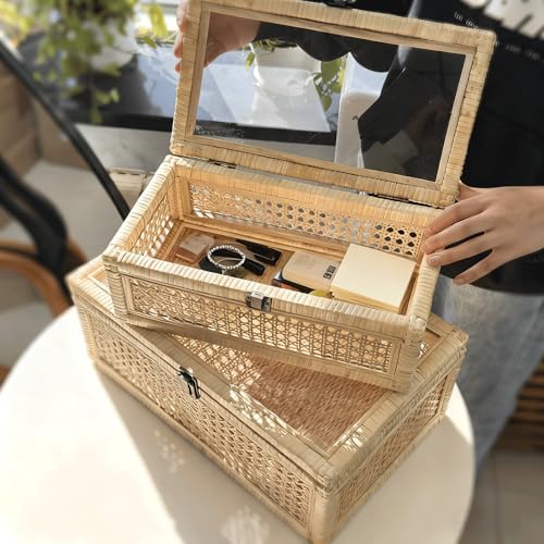 Decorative Box,Rattan Display Boxes with Lids,Set of 3-Rectangular Decorative Storage Box Set,Natural Woven Storage Bins for Home Decor