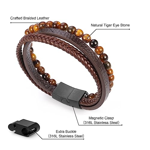 FOCOOG Leather Bead Bracelets for Men, Natural Tiger Eye Lava Rock Stone Bead Magnetic Clasp Adjustable Leather Bracelets Stress Relief Mens Anxiety Bracelet Mens Jewelry Gifts - style: Brown Leather-Tiger Eye Bead