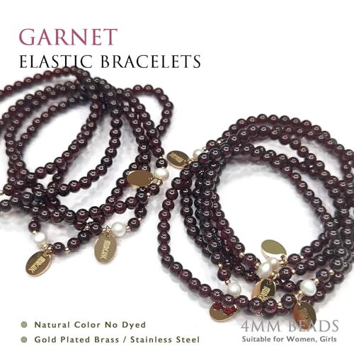 Morchic 4mm Natural Gemstone Beads Stretch Bracelet for Women, With Freshwater Pearls, Energy Gem Birthday Gift for Her 7.2” - color: Garnet