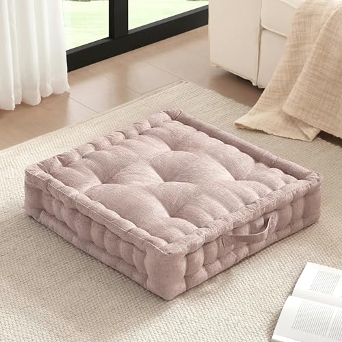Intelligent Design Large Floor Pillow for Adults Yoga or Meditation Cushion with Handle, Floor Cushion for Board Games, Lustrous Chenille Tufted, Handsewn Scalloped Edge, Azza, 24" x 24" x 5" Blush - color: Square Blush With Handle, size: 24"W x 24"L x 5"