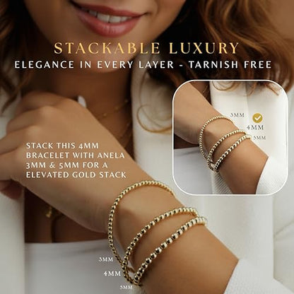 Anela 14k Gold Filled Beaded Bracelet for Women | 4mm Gold Beaded Bracelet | Stackable Gold Stretch Bracelets, Waterproof, Non Tarnish Dainty Gold Bracelet for Women Gifts, Handmade in USA