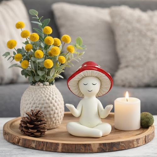 Meditation Mushroom Statue Yoga Mushroom Figurine Tabletop Decor for Home Shelf Office Coffee Table Garden Yard Patio Mushroom Meditation Sculpture Gift for Women Friends Mom Decoration - color: Red