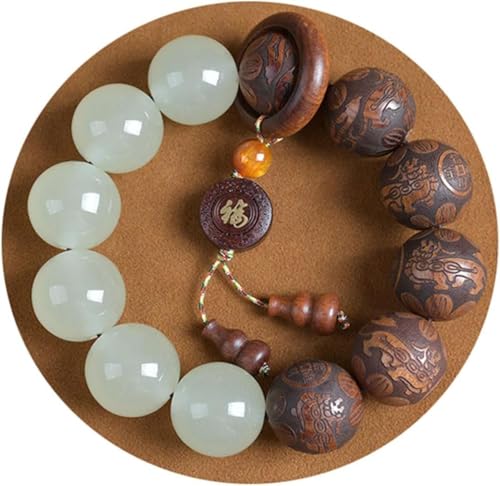 Pear Wood Buddha Beads Mala Bracelet Hand Carved Wooden Beads with Luminous Jade Lucky Charms Wealth Attracting Buddhist Prayer Bracelet for Men and Women Healing Energy Running Ring