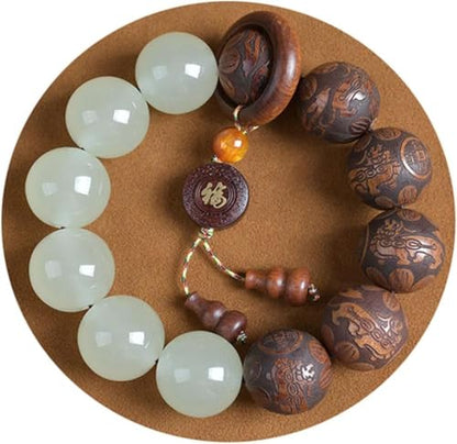 Pear Wood Buddha Beads Mala Bracelet Hand Carved Wooden Beads with Luminous Jade Lucky Charms Wealth Attracting Buddhist Prayer Bracelet for Men and Women Healing Energy Running Ring