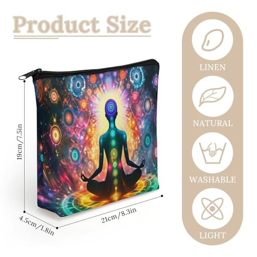 Chakra Meditation Large Capacity Linen Cosmetic Bag with Zipper for Women, Sturdy Durable Makeup Travel Bag for Toiletries Trip Organization