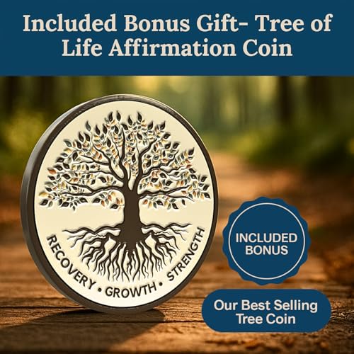 MilestoneMint Daily Affirmation Cards, 50 Positive Affirmation Cards Double Sided, Sobriety and Recovery Daily Mindset Prompts, Includes Sobriety Coin & Wooden Card Stand, Perfect Recovery Gift - size: 50 Cards Wooden Stand + Tree Coin