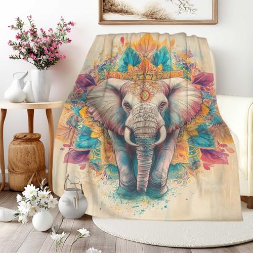 Mandala Elephant Floral Blanket, Spiritual Meditation Throw, Soft Cozy Lightweight Blanket for Couch, Bed, or Travel, Unique Bohemian Home Decor Gift, 40x50 Inches