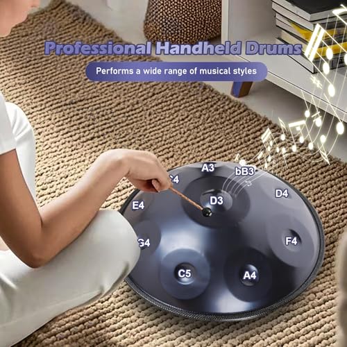 Handpan 22 Inches Drum Set, 440Hz 12 Notes Hand Drum Instrument, Premium Steel Hand Drum, Includes Carrying Case, Drumsticks, Spiral Wraps, Instruction Guide (22 Inches -10 Note -Blue) - size: 22 Inches - 10 Notes - Blue