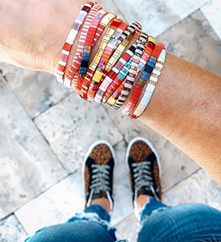 Summer Candy Colors Tila Flat Seed Beads Stretch Strand Bracelet for Women- Trendy Unique Friendship Handmade Mixed Colorful Square Beaded Link Bracelets Stackable Jewelry Gifts - color: 0080D