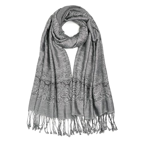 QIUTIMIY Paisley Pashmina Shawls and Wraps for Women Reversible Jacquard Festival Rave Pashmina Scarves with Fringe Vintage - color: Flower14-black Grey